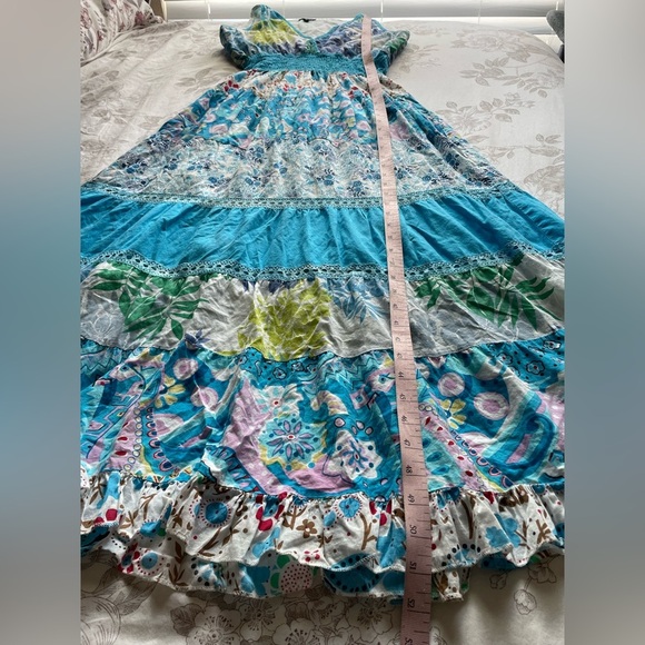 Y2K Smocked Blue Floral Tiered Babydoll Cotton Maxi Dress Medium Cottagecore Fae - Picture 4 of 12